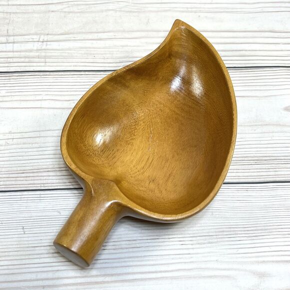 Vintage Wooden Leaf Shape Monkey Pod 9.5” Wood Bowl Nut Dish Scoop Ladle Acorn - Picture 2 of 13